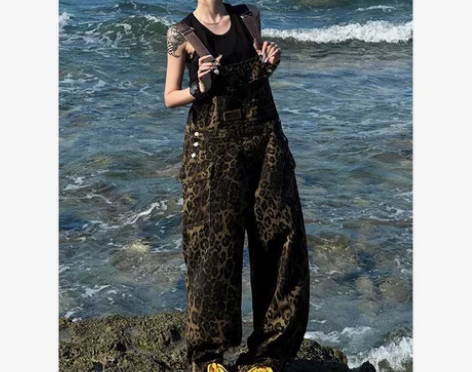 美式复古高街豹纹牛仔背带裤男女辣妹风宽松休...