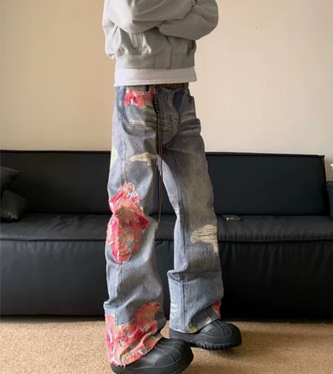 白菜coke美式高街拼接显高牛仔裤男女微喇...