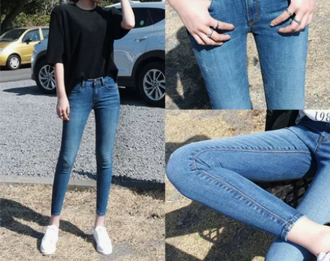 秋冬加绒新款蓝色韩版高腰牛仔裤女九分紧身显...