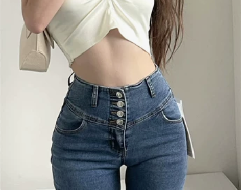 ?秋冬新品 高弹力高腰四排扣牛仔长裤女紧身...