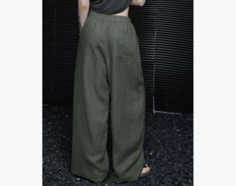 moment绿色亚麻阔腿裤女2024夏季新...
