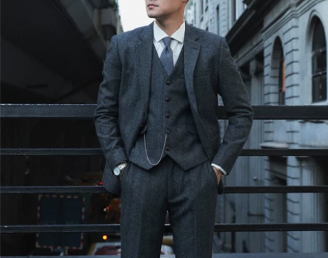 黑帮风羊毛粗花呢人字纹修身西服三件套装