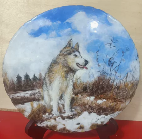 纯手绘丙烯年轮画，《草原狼》实木木片加树脂...
