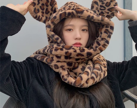 韩版可爱豹纹毛绒熊耳朵帽子围巾一体秋冬加厚...