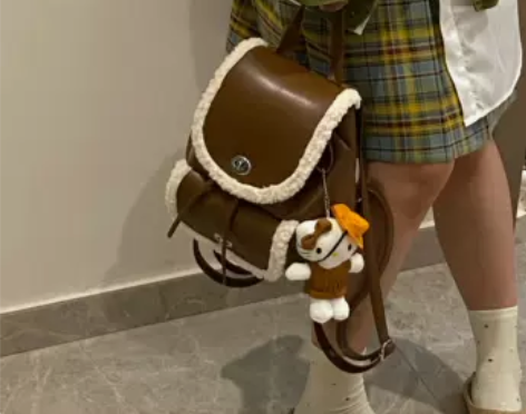 美式复古学院包包秋冬羊羔毛双肩包2023新...