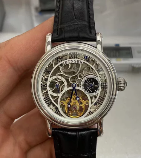 宾格手表 自动机械表男表 雕花镂空机芯 走...