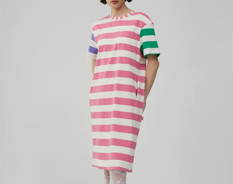 溪日设计感拼接条纹连衣裙女中长款2024夏...