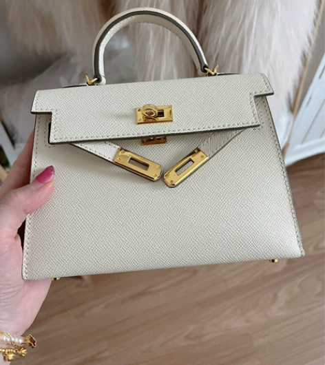 凯莉包包二代真牛皮mini单肩斜挎女包奶白...