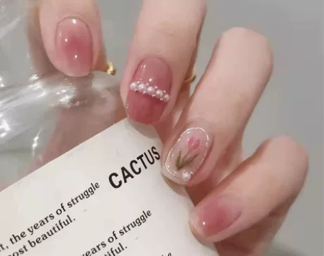 穿戴甲纯欲风腮红美甲少女珍珠显白假指甲可拆...