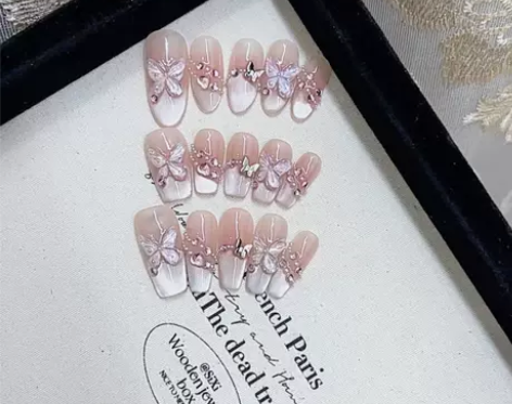 碟之翼夏日法式猫眼冰透蝴蝶纯手工穿戴甲气质...