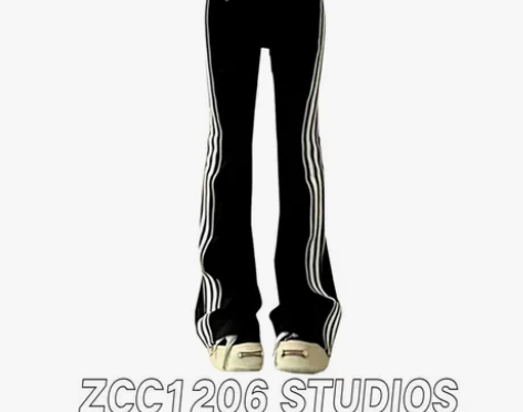 大码美式复古辣妹侧边三条杠微喇卫裤女春夏修...