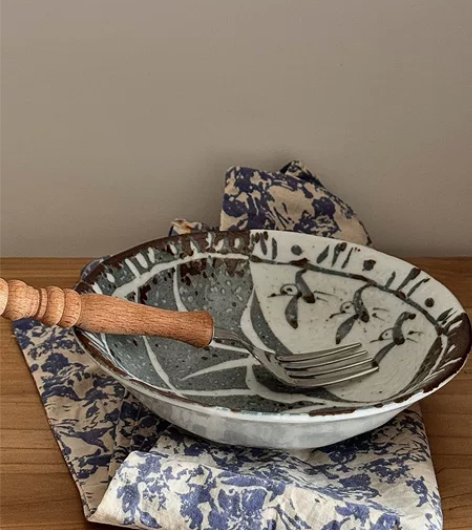 日本中古Vintage灰色手绘小鸟雪花釉斜纹餐碗/深钵 直径...