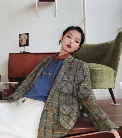 S家 原创设计女装，复古格纹西装，全新，吊...
