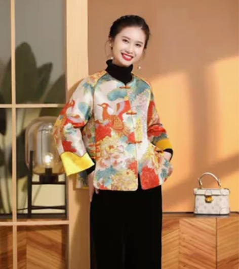 提花凤凰牡丹上衣定位图案对襟设计外套新中式...