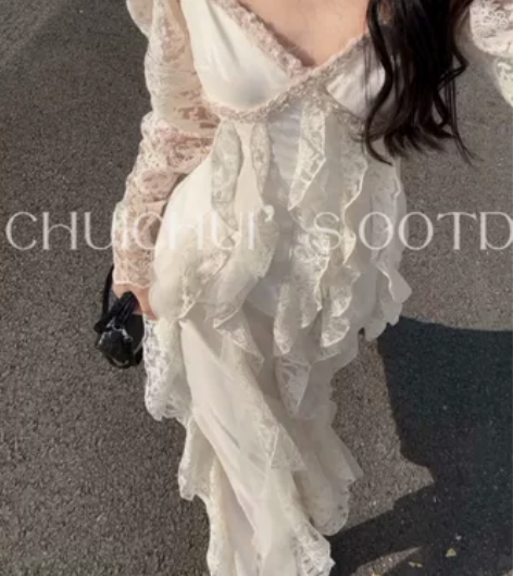 茶歇法式荷叶边吊带连衣裙仙女夏季气质感高级...