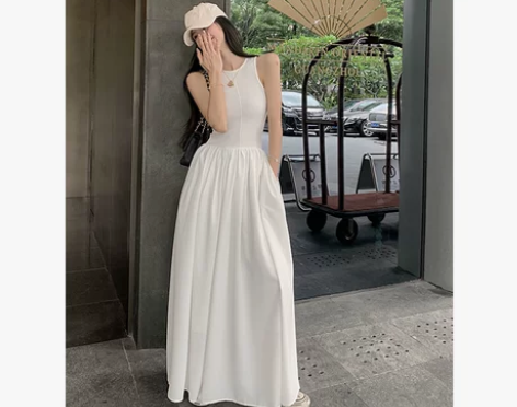 夏季新款2023气质显瘦中长裙收腰无袖背心...