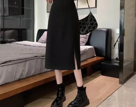 开叉裙子女早秋包臀裙新款高腰显瘦黑色半身裙...