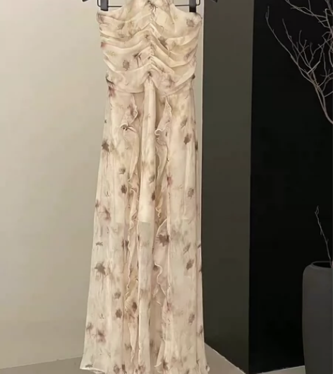 度假裙子,优雅气质荷叶碎花吊带连衣裙 m码...