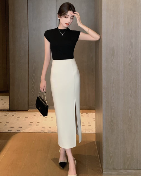 ?林关关白色开叉直筒半身裙女夏季2024新...