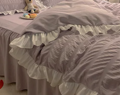 ins公主风紫色床裙花边被套床单纯色少女心...