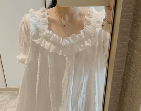 韩国chic纯棉睡裙女夏季薄款花边短袖中长...