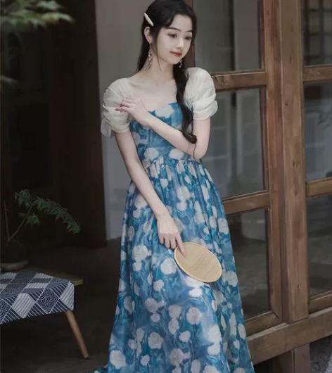 南风谷【玫意】法式复古高腰显瘦蓝色印花浪漫...