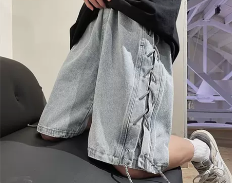 美式高街小众重磅男生牛仔短裤高级感夏天织带...