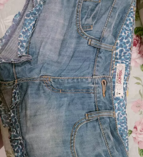 以纯26码千禧风蓝色豹纹超短低腰裤 轻微色...