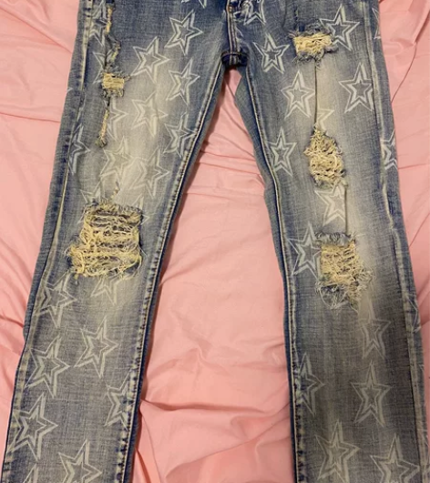 印花牛仔裤弹力修身直筒欧美个性怀旧破洞休闲...