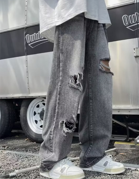 破洞牛仔裤男欧美vibe风痞帅直筒长裤夏季...