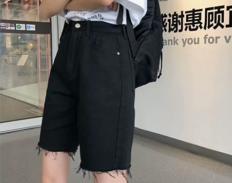 韩版ins黑色毛边高腰直筒牛仔短裤女学生宽...