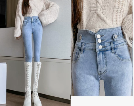 加绒加厚浅色高腰牛仔裤女显瘦。没穿过，扣眼...