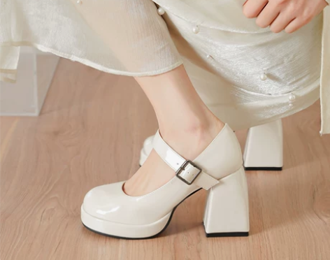 高跟鞋女婚鞋法式一字带玛丽珍鞋防水台粗跟单...