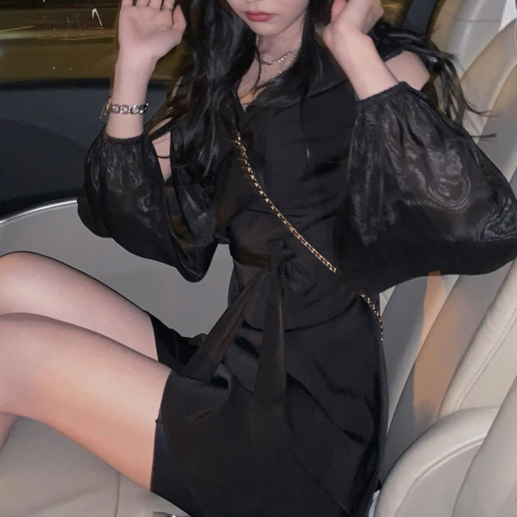 春夏季2021新款法式黑色连衣裙女设计感时...