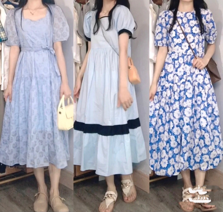 【连衣裙清仓最后几百件】法式泡泡袖白色方领...