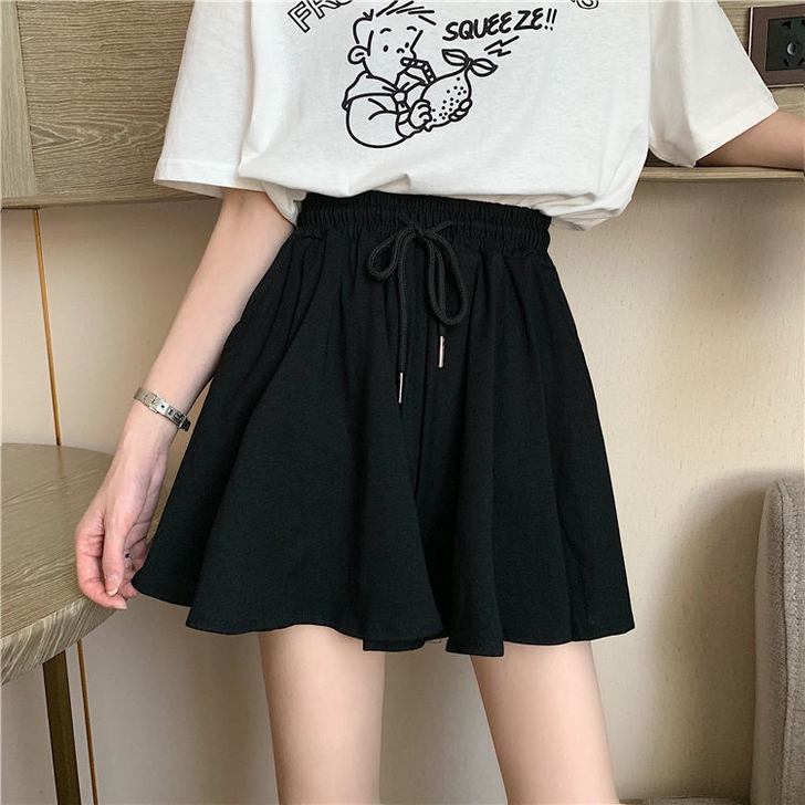 黑色裤子女宽松夏高腰抽绳百搭显瘦休闲裤垂感...