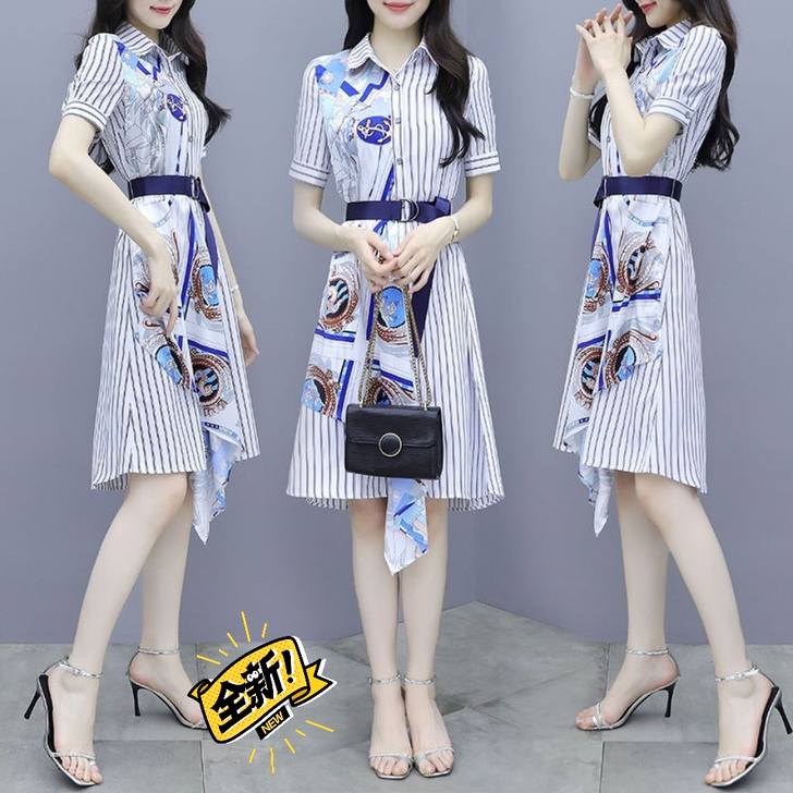 条纹衬衫连衣裙春季女装2021年新款收腰显...