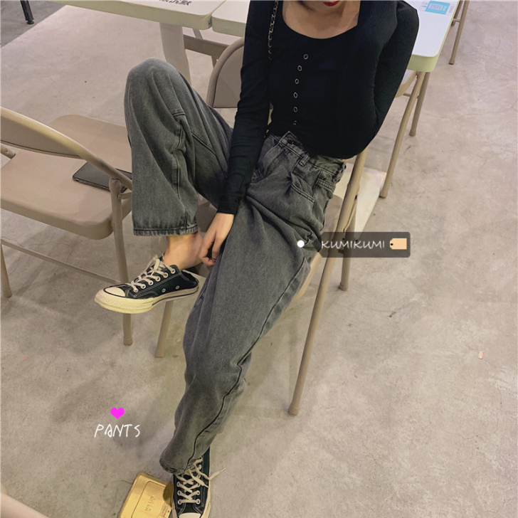 复古慵懒垂感水洗高腰牛仔裤长裤女夏季休闲直...