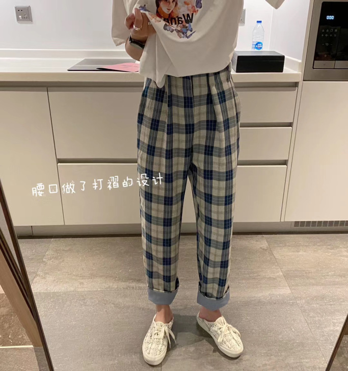 韩版港风复古蓝格子休闲裤女高腰直筒宽松阔腿...