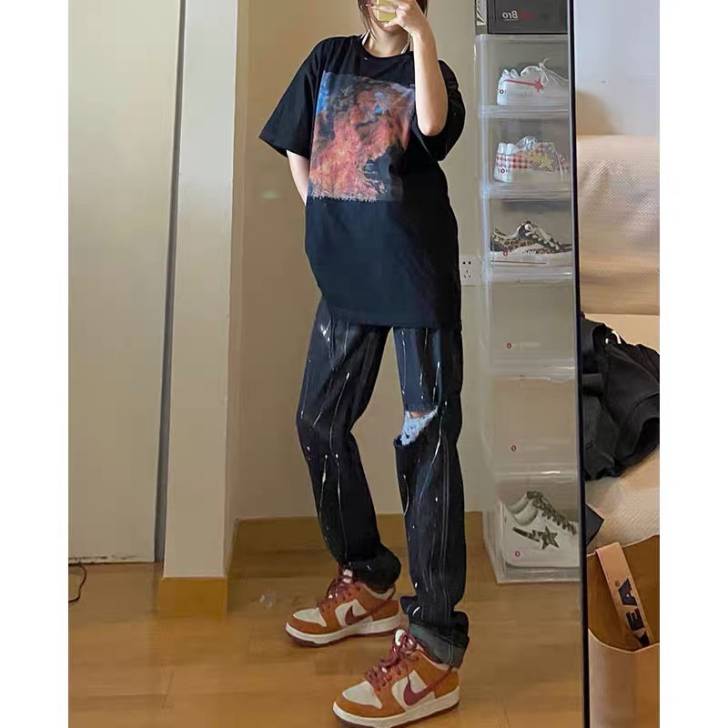 美式黑色破洞牛仔裤女潮高街2021年夏季新...