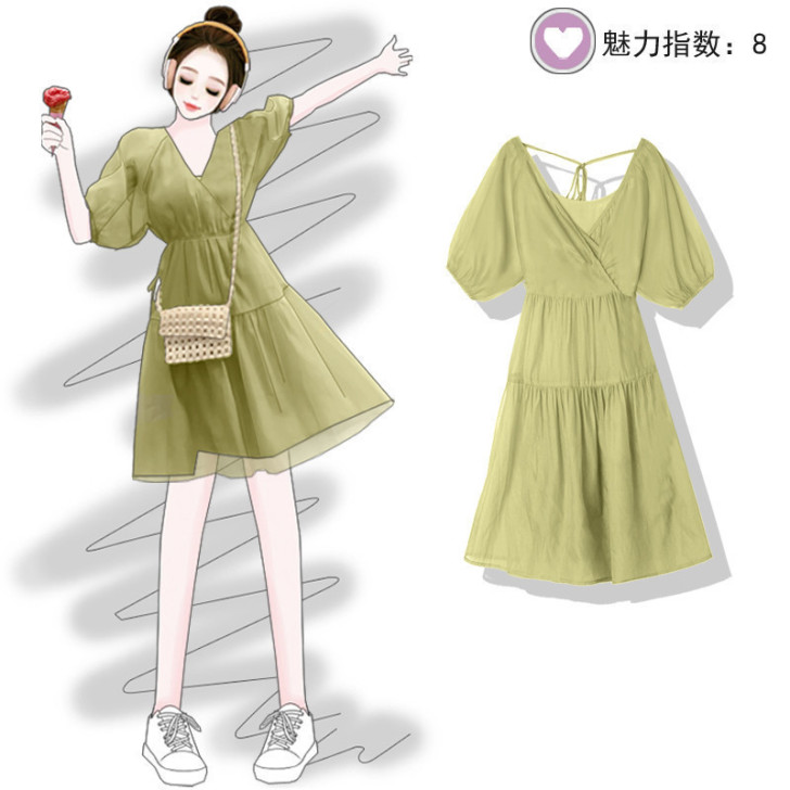 牛油果绿连衣裙女2020夏季雪纺仙女超仙泡...