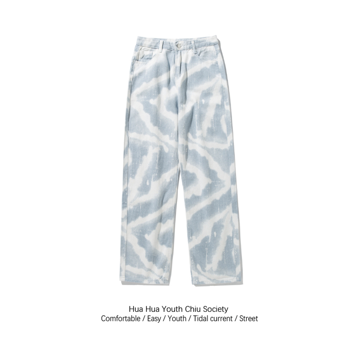 Huahua.蓝色扎染牛仔裤女新款直筒宽松...