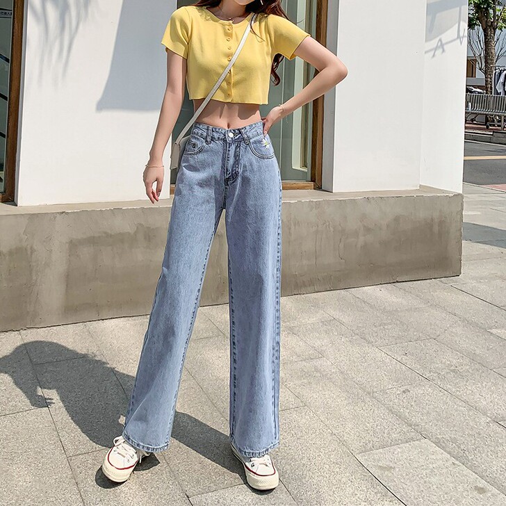 小雏菊刺绣拖地牛仔裤女2020新款夏季韩版...