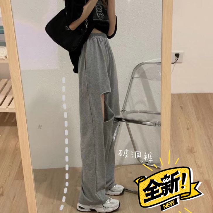 【 25元包邮】破洞高腰运动裤休闲裤女装灰...
