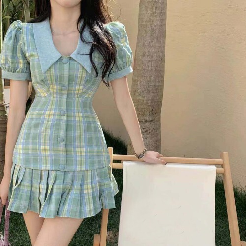 复古小清新娃娃领格子连衣裙女装夏季2021...