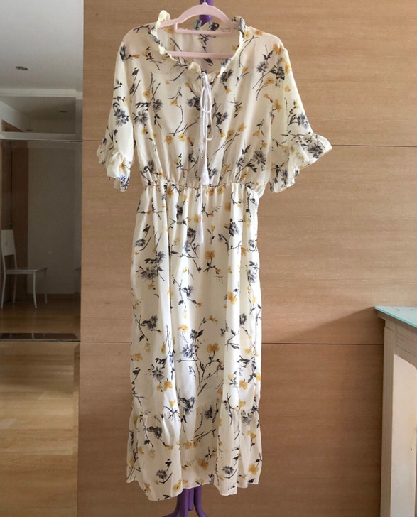 文艺清新碎花雪纺连衣裙中长裙夏季女，M，9...