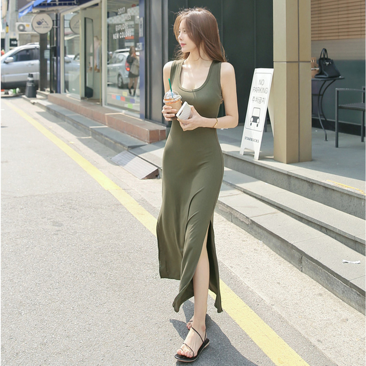 韩国夏季新品莫代尔U领两侧开叉背心裙修身显...