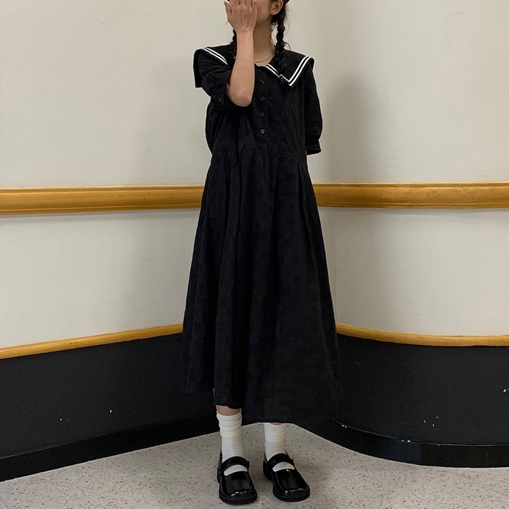 日系海军领连衣裙女2021春夏新款显瘦学院...