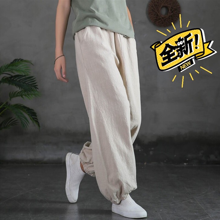 100%棉麻复古灯笼裤子女2021春夏新款...