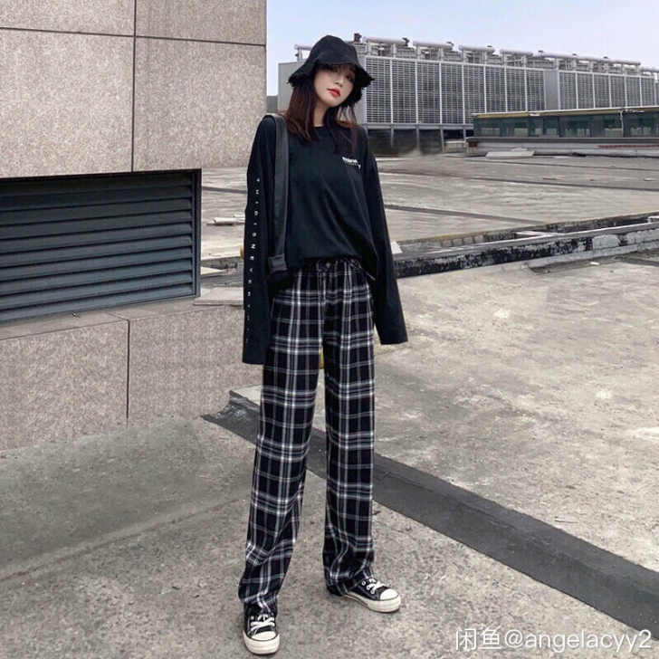 新款黑白格子裤子女宽松直筒垂感高腰显瘦秋冬...